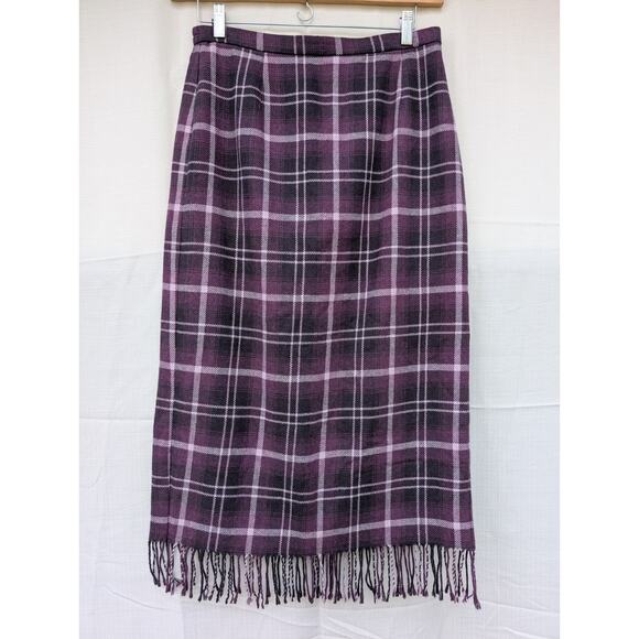 Nouveaux VTG Women's Plaid Midi Skirt Sz 12P Purple Fringed Hem Fall Grunge - Picture 2 of 5